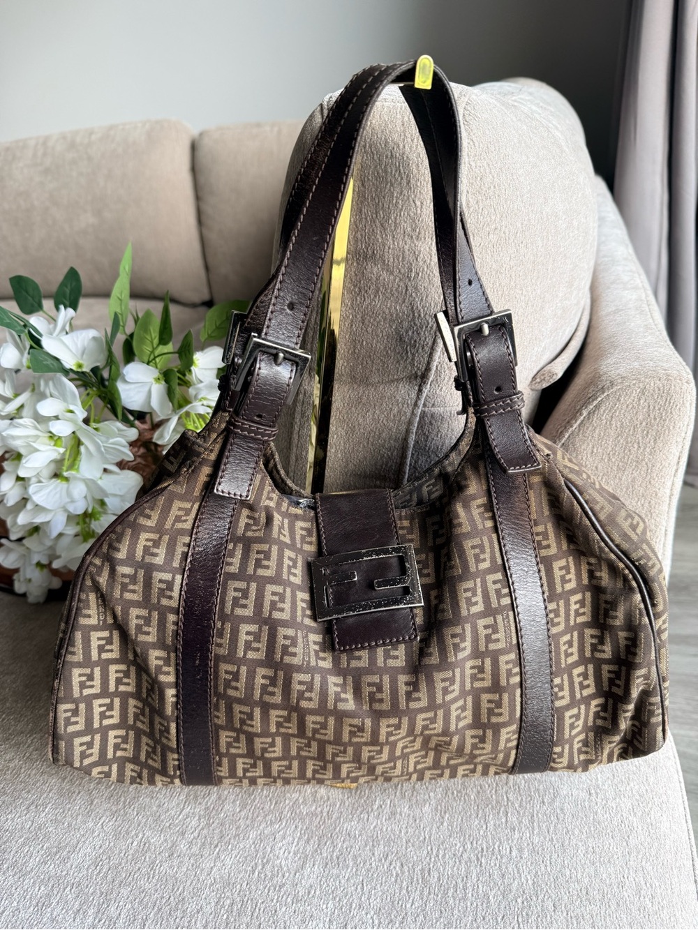 Fendi Brown Zucca Logo Canvas Shoulder Bag with Dark Leather Trim Authentic
